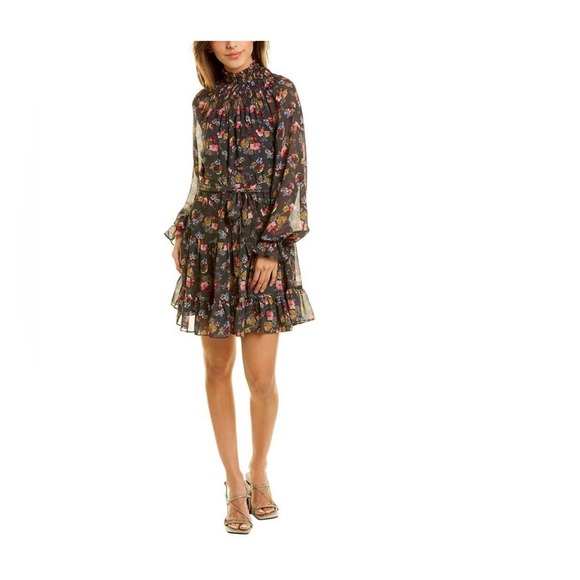 NWT Cinq a Sept m Daija Gray Chiffon Floral Long Sleeves Dress. Size 0
